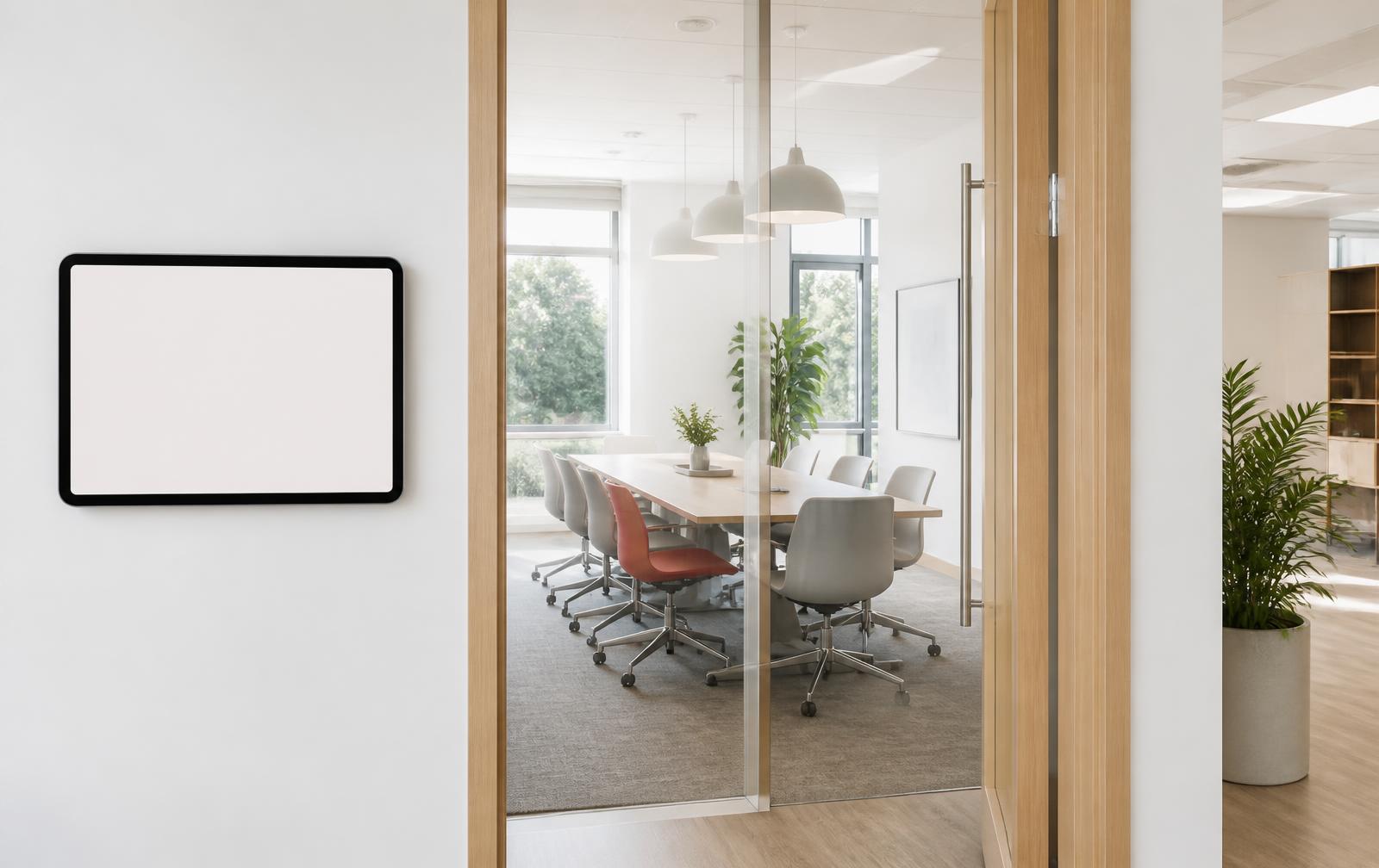 A wall-mounted iPad beside a modern office meeting room
